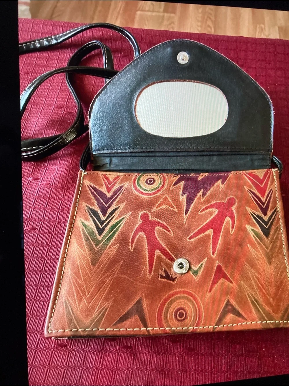 Tooled Leather Giraffe Tribal Multicolor Crossbody Clutch Purse Vintage India